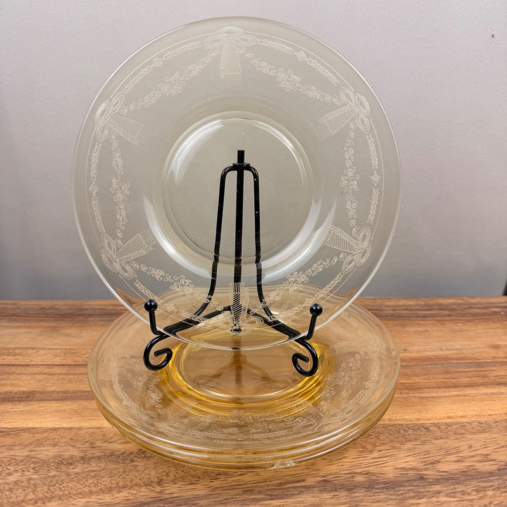 Bryce Glass Yellow Bow & Swag 6.25" Saucers Set of 4 Vintage Depression Glass